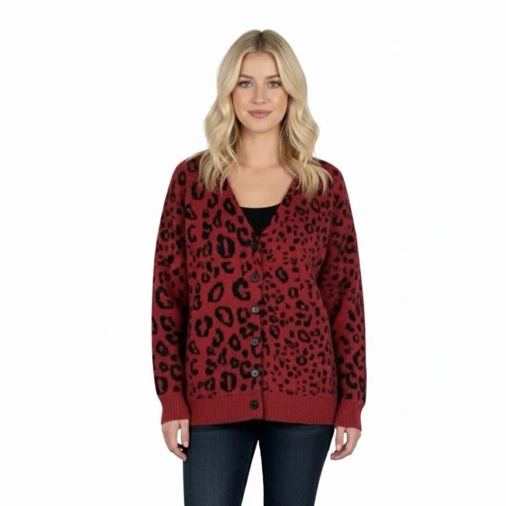 The Kooples Cardigan Sweater Red Wool Leopard Print Large Made In Italy
